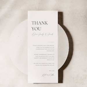 Plantilla de nota de agradecimiento de boda mínima, Tarjeta de agradecimiento de menú de mesa, Nota de servilleta de ajuste de lugar imprimible, Carta de agradecimiento editable AT10