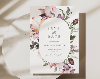 Frühlingsblumen Save the Date Karte Hochzeit, wunderliche Hochzeit Save the Date Einladung, Wildblumen Bordüre laden Vorlage Canva-AT15 ein