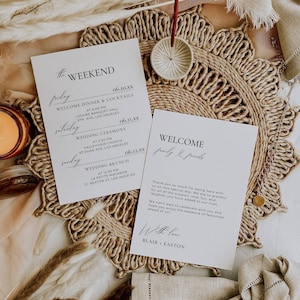 Guía de fin de semana de plantilla de itinerario de boda, nota de bolsa de bienvenida y cronograma, carta de bienvenida imprimible, tarjeta de orden de eventos, programa de eventos AT10