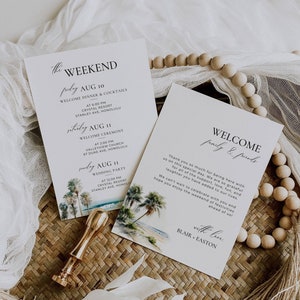 Itinerário de fim de semana de casamento na praia tropical, nota e cronograma da bolsa de boas-vindas, cartão de ordem de eventos, modelo de carta de boas-vindas de palmeiras, editável