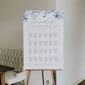 Sjabloon tafelschikking Toile, alfabetisch plattegrond op achternaam, Franse blauwe bruiloft tafelschikking, bloemen welkomstposter bewegwijzering AT09