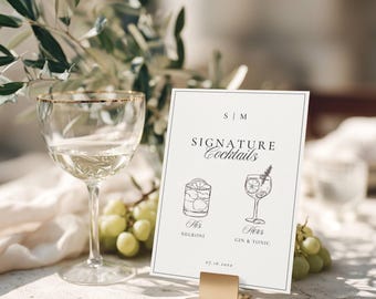 Luxe bruiloft handtekening drankjes bord, elegant bord met cocktails voor hem en haar, monogram bar menusjabloon canva, oud geld esthetiek