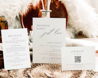 Nothing Fancy Just Love Wedding Suite, Elegant Intimate Reception Invitation Set, Micro Wedding Invite Template, QR Code Wedding RSVP AT10
