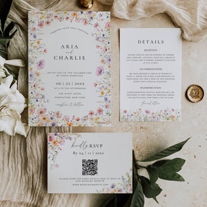 Modèle de suite de faire-part de mariage fleurs sauvages, lot d'invitations florales avec code QR Rsvp, paquet d'invitations bohème minimal, TABLE EDTABLE en Canva AT13