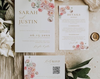 Blush and Gold Wedding Invitation Set, Light Pink Floral Wedding Invite Suite Template, Roses Invitation Bundle with Qr Code Digital