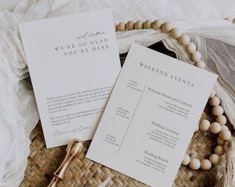 Welcome Bag Note Wedding, Wedding Weekend Itinerary and Guide, Wedding Event Card Template, We&#39;re So Glad You&#39;re Here, Weekend Timeline AT14
