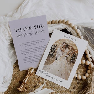Tarjeta de agradecimiento lavanda para boda, Nota de agradecimiento lila después de la boda, Nota de agradecimiento para invitados con foto, Plantilla editable de agradecimiento por venir AT07