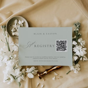 Tarjeta de registro de regalos Sage, código QR del sitio web de bodas Sage Green, recinto mínimo de ducha nupcial, plantilla Canva de inserción de invitación Boho, editable
