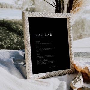 Modern Black Wedding Bar Menu Template, Classic Monochrome Bar Sign, Printable Drinks Table Sign, Dark Bar Menu Signage Download  AT04