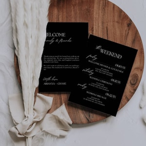 Guide de week-end de modèle d'itinéraire de mariage noir, itinéraire d'événements de week-end noir et blanc, note de sac de bienvenue et chronologie, lettre modifiable AT04