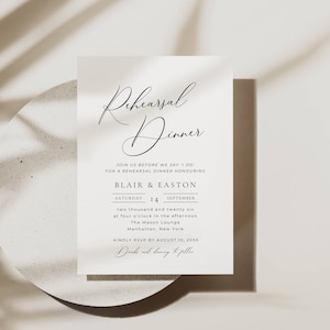 Modelo mínimo de convite para jantar de ensaio, convite digital elegante para ensaio de casamento, cartão de casamento na noite anterior editável AT10