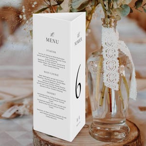 Trifold Table Number Template, Triangle Wedding Menu Download, Modern Table Number Sign Stand, Editable Thank You Menu Brochure AT10