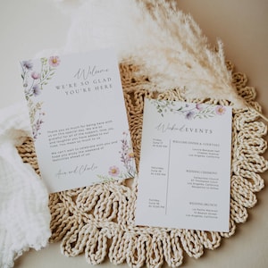 Boda del itinerario del fin de semana de flores silvestres, Guía y nota de bienvenida floral, Cronología del itinerario del fin de semana de la boda, Plantilla de tarjeta de evento de boda AT13