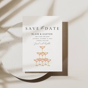 Tour à champagne, réservez la date, mariage réservez le modèle d'Invitation, réservez un minimum de cartes de date en téléchargement numérique - AT10