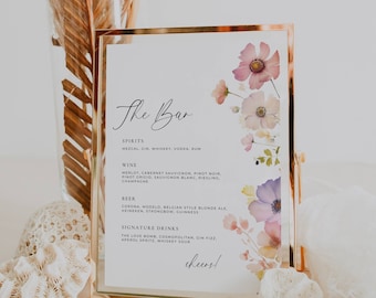 Wildflower Wedding Bar Menu Template, Floral The Bar Reception Sign, Signature Drinks Table Sign, Cocktail Menu Signage, Canva Download AT13