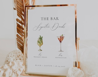 Signature Drinks Sign Template, His and Hers Bar Sign, Wedding Reception Cocktail Menu, Minimalist Printable Bar Menu, Editable Drinks AT10