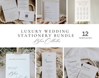 Minimalist Wedding Reception Bundle Template, Elegant Script Stationery Bundle, Monogram Invitation Set, Editable Sign Template Package AT10