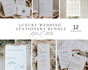 Minimalist Wedding Reception Bundle Template, Elegant Script Stationery Bundle, Monogram Invitation Set, Editable Sign Template Package AT10
