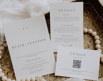 Wedding Invitation Suite Template Canva, Minimal Wedding Invites with qr Code, Monogram Wedding Invitation Set with qr Code, Qr Rsvp AT10