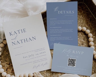 French Blue Wedding Invitation Suite, Wedding Invites Bundle Light Blue, Dusty Blue Invitations Qr Code Rsvp, Edtiable  Invitation Set -AT09