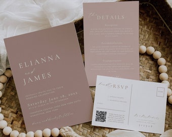 Blush Pink Wedding Invitation Suite, Dusty Rose Invitations with Qr Code, Modern Invite Set Template Canva, Pink Invitation Bundle -AT16