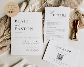 Wedding Invitation Template Set with Picture, Qr Code for Rsvp Wedding, Modern Photo Invitation Suite, Reception Detail Bundle Download AT10