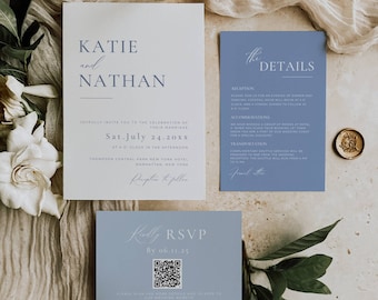 Wedding Invitation Suite Light Blue, French Blue Wedding Invite Set, Dusty Blue Invitations with Qr Code Rsvp, Editable Template Bundle AT09