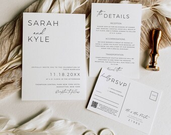 Simple Wedding Invitation Set, Minimalist Invite Suite with Qr Code Rsvp, Modern Calligraphy Invitation Bundle. Canva Template Package AT11