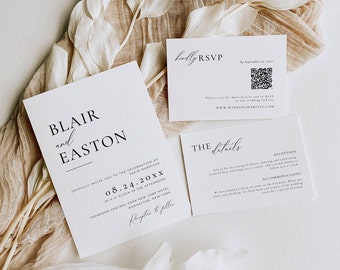 Minimalist Wedding Suite Invitation Qr Code, Modern Wedding Invite Bundle Canva, Invitation Template Package with Rsvp Qr Code AT10