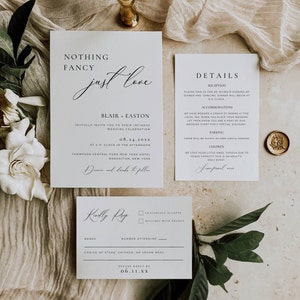 Nothing Fancy Just Love Digitale Einladung, Vorlage für intime Hochzeitseinladungen, Mikro-Hochzeitseinladungssuite, Empfangseinladungsset AT10
