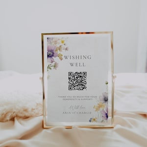 Signo de pozo de deseos de boda de flores silvestres, signo de deseo de luna de miel con código Qr, señalización de regalo floral en efectivo, letreros de mesa imprimibles, plantilla Canva AT13