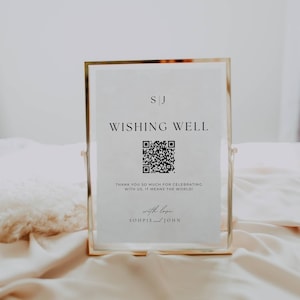 Modello di cartello con pozzo dei desideri per matrimonio, cartello per regalo di nozze in contanti, biglietto con monogramma e cartello per ricevimento regali, cartello per fondo luna di miele QR AT02