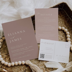 Rosafarbene Hochzeitseinladung, Altrosa-Einladungen mit Qr-Code, Modernes Invite-Set-Vorlagen Canva, Rosafarbenes Einladungs-Bundle -AT16