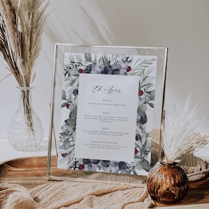 Szablon menu baru weselnego na Boże Narodzenie, Pobierz znak menu baru świątecznego, Znak baru weselnego na zimę, Oznakowanie menu stolika koktajlowego z wieńcem