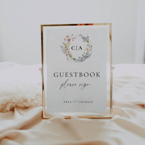 Wildflower Wedding Guestbook, Guest Book Reception Sign Floral, Monogram Guestbook Signage Template, Moderm Wedding Sign in Book  -AT13