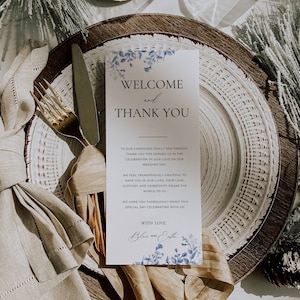 Toile Danke Gedeck-Menü, Willkommen und Dankeschön, Französisch Blau Gedeck Danke, Serviette Willkommen Hinweis Vorlage AT09