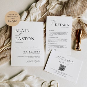 Hochzeitseinladungsvorlagen-Set mit Bild, QR-Code für Rsvp-Hochzeit, moderne Foto-Einladungssuite, Empfangsdetail-Bundle, Download AT10