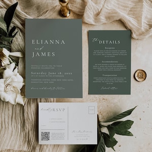 Minimale Hochzeitseinladung Set Salbei, Sage Grün Hochzeit Einladen mit Qr Code Rsvp, moderne rustikale Einladungskarte bearbeitbare Vorlage