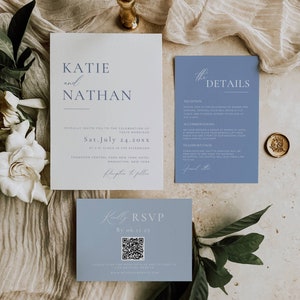 Conjunto de invitaciones de boda en azul claro, conjunto de invitaciones de boda en azul francés, invitaciones en azul polvoriento con código QR Rsvp, paquete de plantillas editables AT09