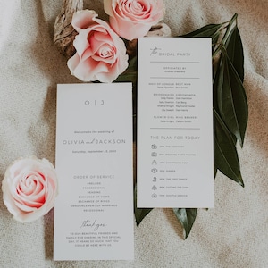 Plantilla mínima del programa de bodas Canva, programa de ceremonia de caligrafía imprimible, tarjeta de orden de servicio diy, cronograma de bodas con monograma AT11