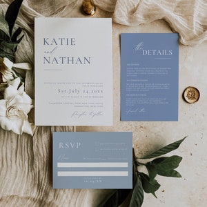 Hochzeitseinladung Set, Französische Blaue Hochzeitseinladung, Staubig Blaue Hochzeitseinladung, Hellblaue Hochzeitseinladung, Minimales Einladungspaket AT09