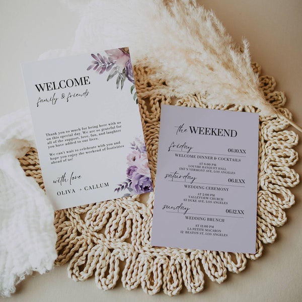 Lilac Wedding Weekend Itinerary Template Canva, Floral Welcome Bag Note and Timeline, Lavender Welcome Letter & Guide Instant Download AT07