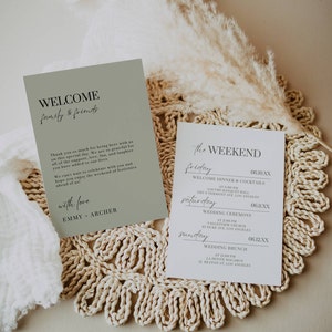 Plantilla de itinerario de fin de semana de bodas de Sage, guía de orden de eventos ecológico, nota y cronograma de bolsa de bienvenida, carta de bienvenida moderna Canva Descarga AT06