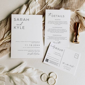 Modern Wedding Invitation Set Digital Download, Minimalist Invite Suite with Qr Code Rsvp, Simple Wedding Invitation Tempate Bundle -AT11