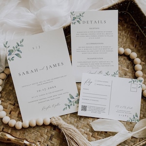 Conjunto de invitaciones de boda con vegetación, conjunto de invitaciones con monograma de eucalipto, código QR de respuesta mínima, paquete de papelería moderna con hojas, descarga CANVA AT12