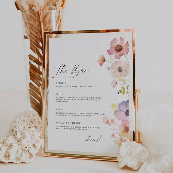 Wildflower Wedding Bar Menu Template, Floral The Bar Reception Sign, Signature Drinks Table Sign, Cocktail Menu Signage, Canva Download AT13