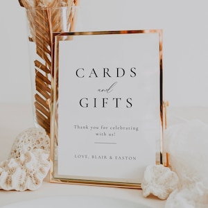 Minimale kaarten en geschenken teken bruiloft, moderne geschenken tafel teken, bruids douche cadeau teken, elegante receptie bewegwijzering diy, Canva sjabloon AT10