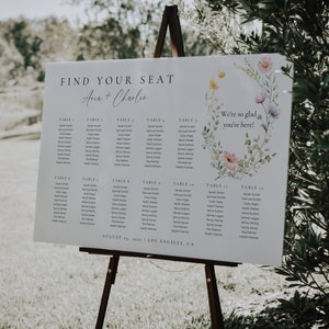 Sjabloon bruiloft zitplaatsen Wildflower, bruiloft we zijn zo blij dat je er bent, tafelschikking bloemen, plattegrond canva, landschapsborden AT13