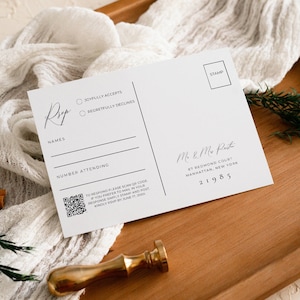 Rsvp de casamento no cartão postal do site, cartão rsvp com código qr moderno, download digital de inserção mínima de Rsvp, gabinete de resposta de cartão postal moderno - AT10