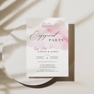 Modèle d'Invitation de fiançailles rose fard à joues, élégante fête de fiançailles, invitation numérique, aquarelle pour couple douche modifiable AT01